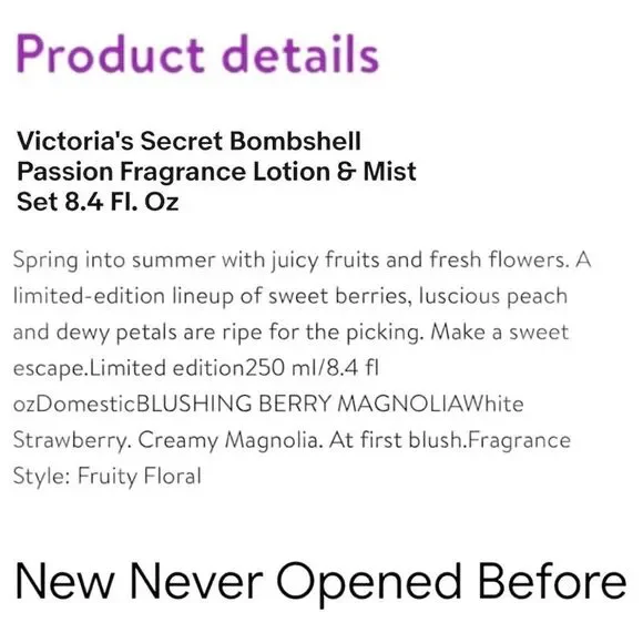 Victoria's Secret Bombshell
Passion Fragrance Lotion & Mist
Set 8.4 Fl. … - Picture 6 of 17